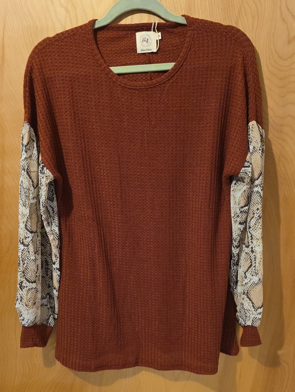 Grace & Emma Rust Waffle Knit Top w/Snake Print Sleeves-Fall, Festivals,Football